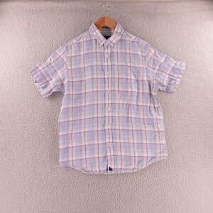 UNTUCKit‎ Mens Large Slim Fit Linen Plaid Short Sleeve Button Down Shirt Blue